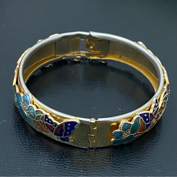 Vintage Unsigned Gold-tone Floral Flower Cloisonne Hinged Bangle Bracelet 36.2g - Picture 3 of 16